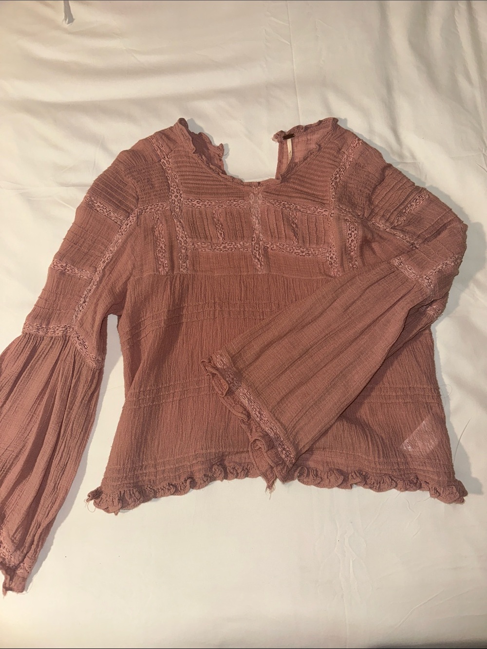 Free People Women's Dusty Rose Blouse - Lace Trim Long Sleeve Size small